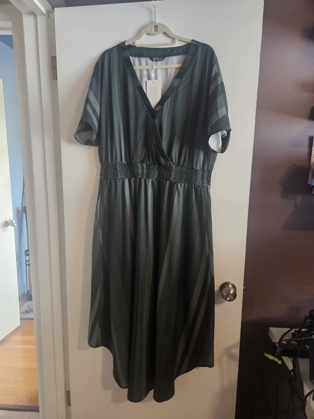 BloomChic Olive Green Striped Wrap-Style Midi Dress